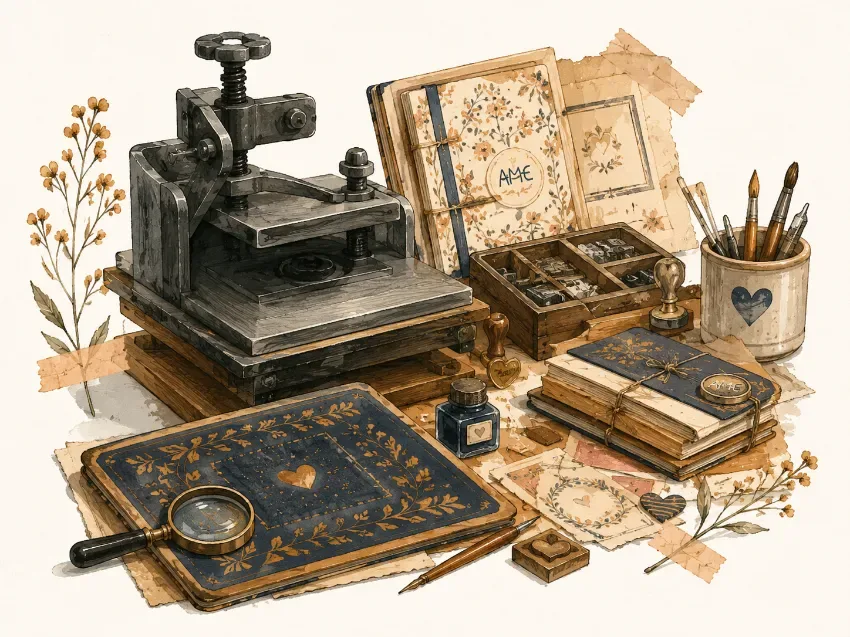 Mesa de trabajo con máquina, cuadernos y herramientas del taller