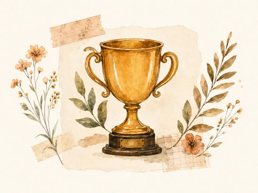 Trofeo ilustrado rodeado de flores secas y hojas artesanales