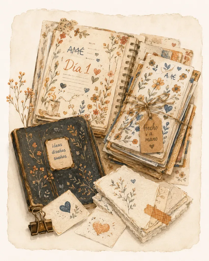Cuadernos artesanales y primeras pruebas de diseño sobre una mesa clara