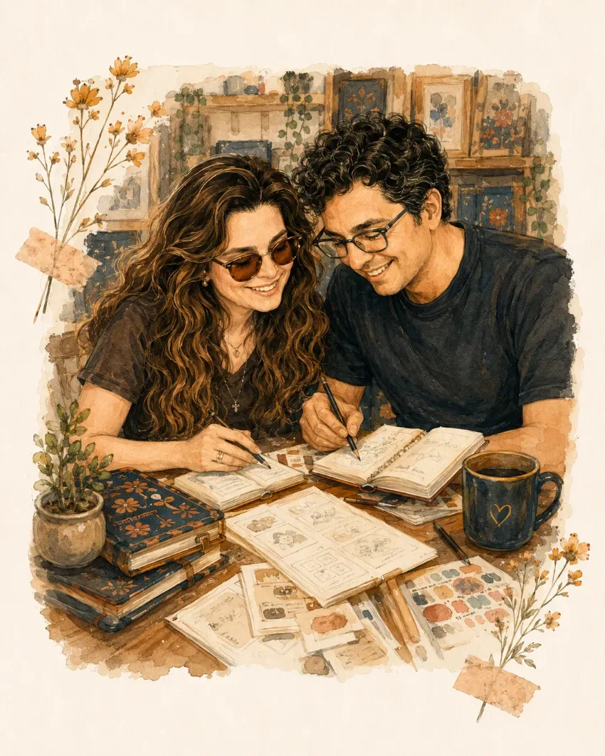 La pareja trabajando entre cuadernos, tazas y elementos del taller
